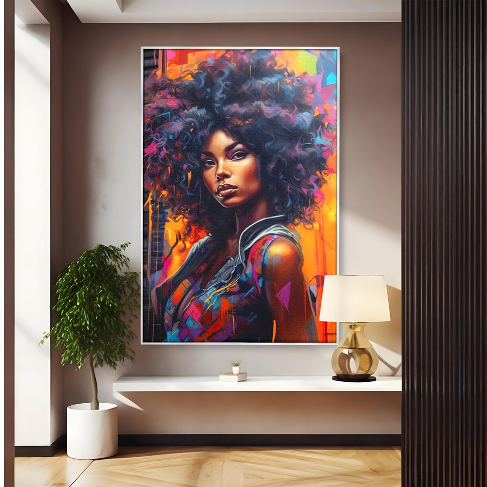 Tablou canvas cu tablou canvas cu portret urban afro, in rama de aluminiu argintiu