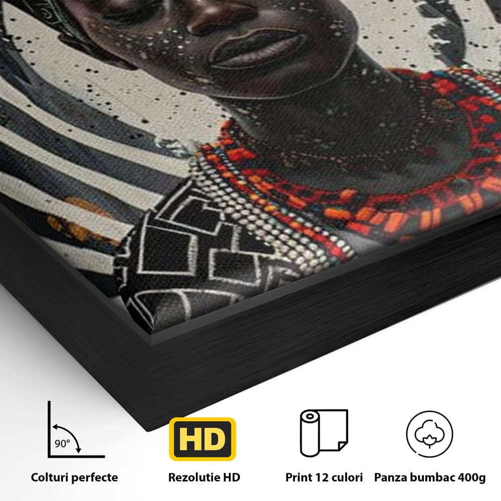 Detaliu al suprafetei: tablou canvas cu regina africana, in rama de aluminiu negru