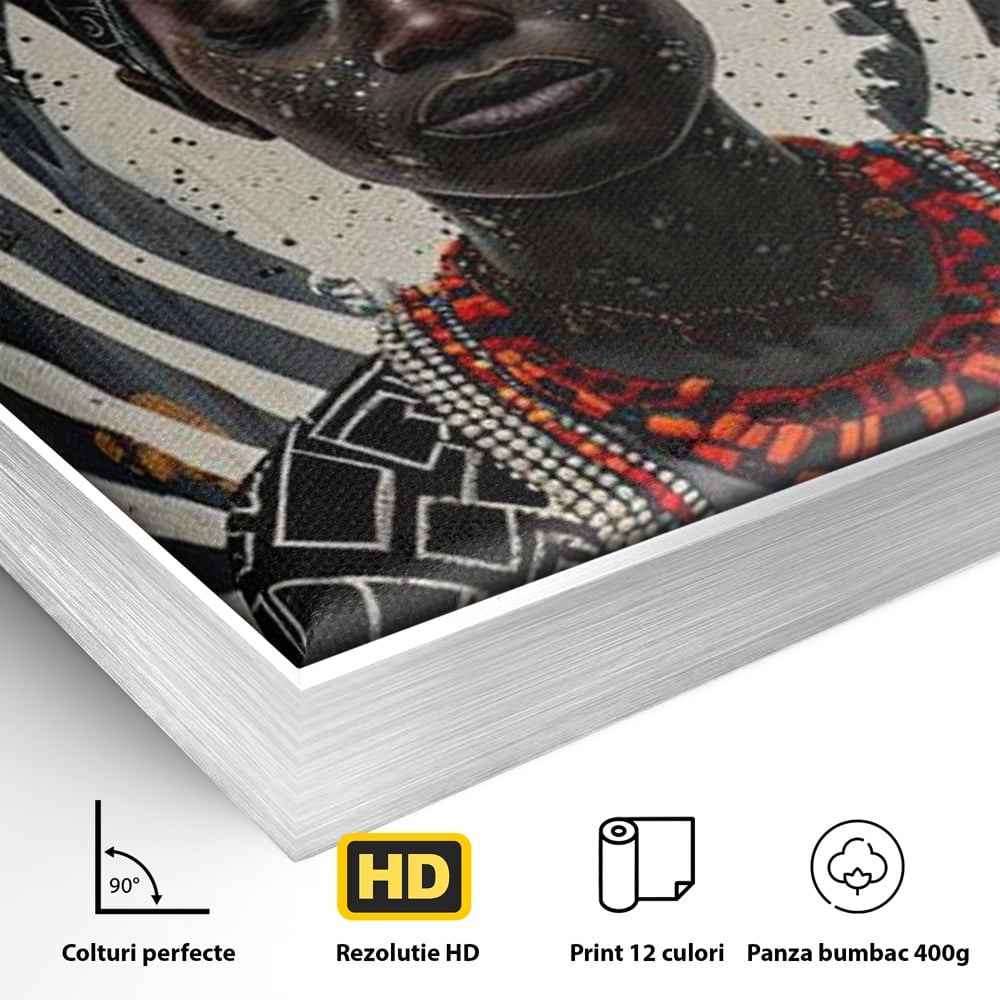 Detaliu al suprafetei: tablou canvas cu regina africana, in rama de aluminiu argintiu