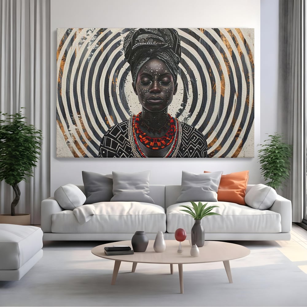 Tablou canvas cu tablou canvas cu regina africana, fara rama, pe sasiu de lemn, pe perete intr-un living