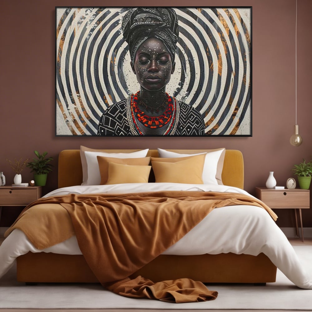 Tablou canvas cu tablou canvas cu regina africana, in rama de aluminiu negru, pe perete intr-un dormitor