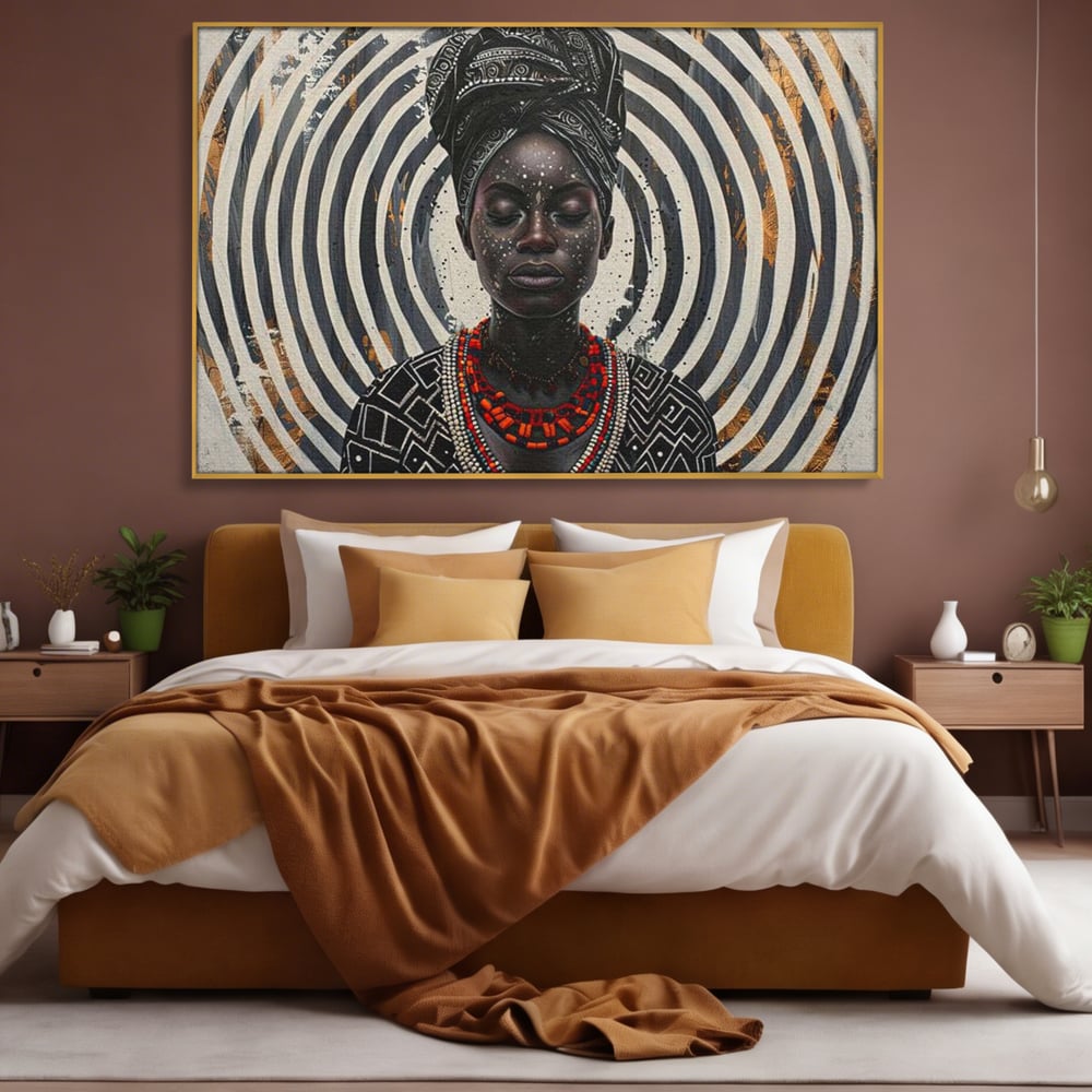 Tablou canvas cu tablou canvas cu regina africana, in rama de aluminiu auriu, pe perete intr-un dormitor