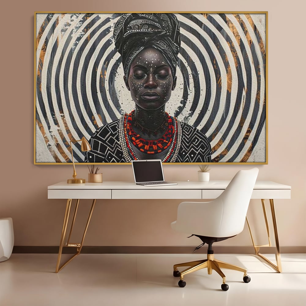 Tablou canvas cu tablou canvas cu regina africana, in rama de aluminiu auriu, pe perete intr-un birou