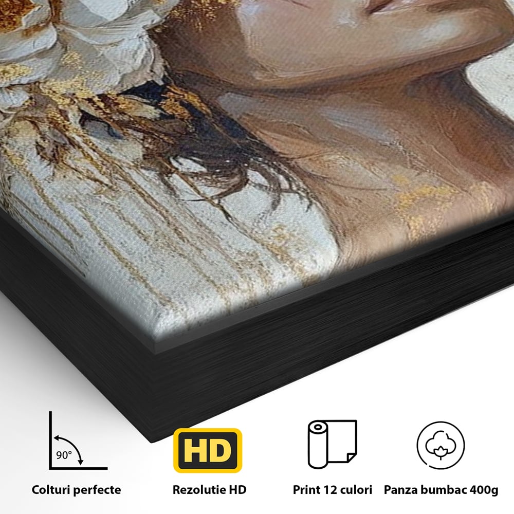 Detaliu al suprafetei: tablou canvas cu portretul unei femei, in rama de aluminiu negru