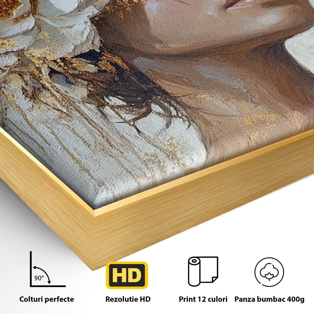Detaliu al suprafetei: tablou canvas cu portretul unei femei, in rama de aluminiu auriu