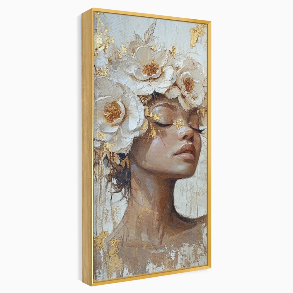 Tablou canvas cu tablou canvas cu portretul unei femei, in rama de aluminiu auriu