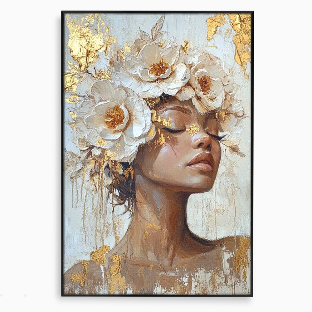 Tablou canvas cu tablou canvas cu portretul unei femei, in rama de aluminiu negru