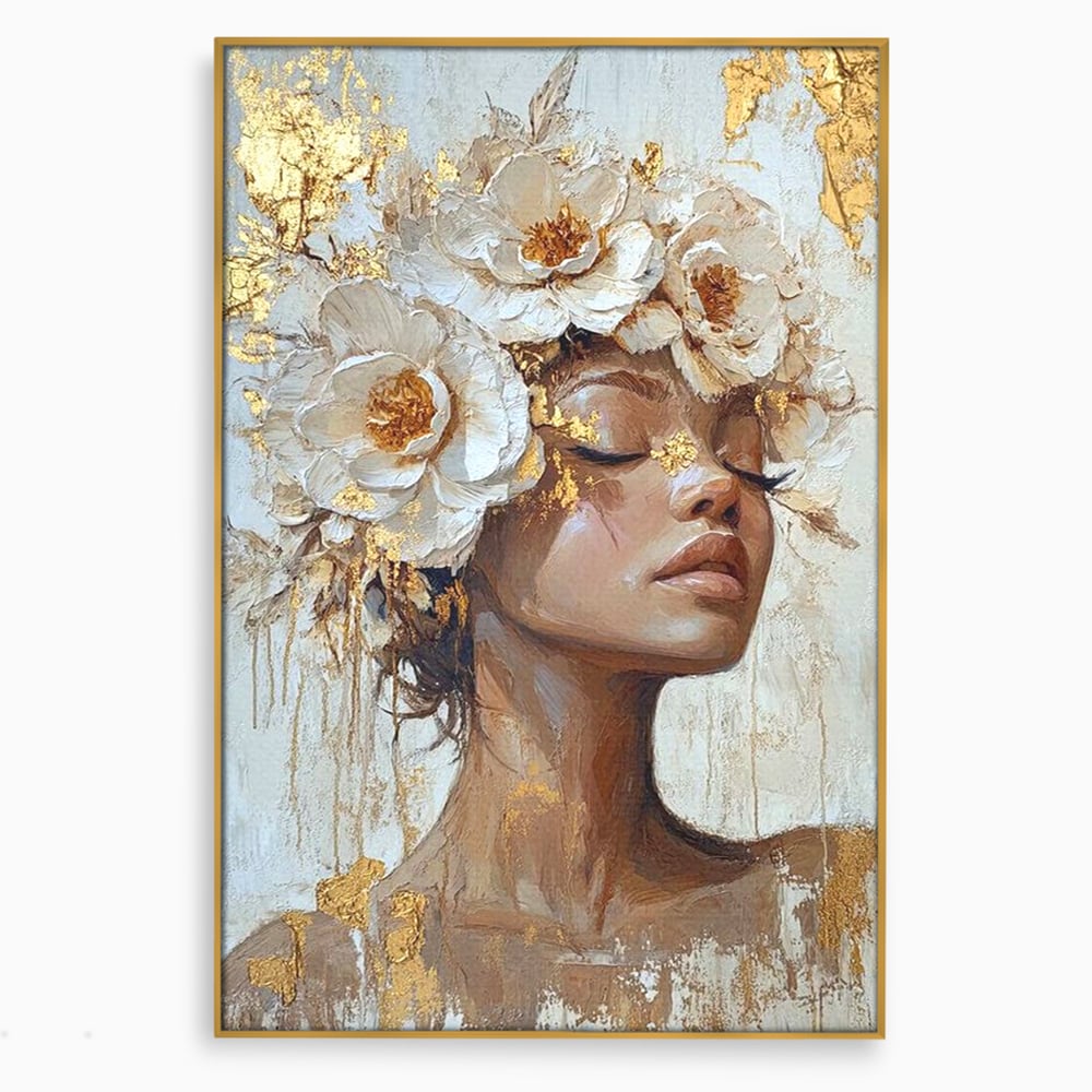 Tablou canvas cu tablou canvas cu portretul unei femei, in rama de aluminiu auriu