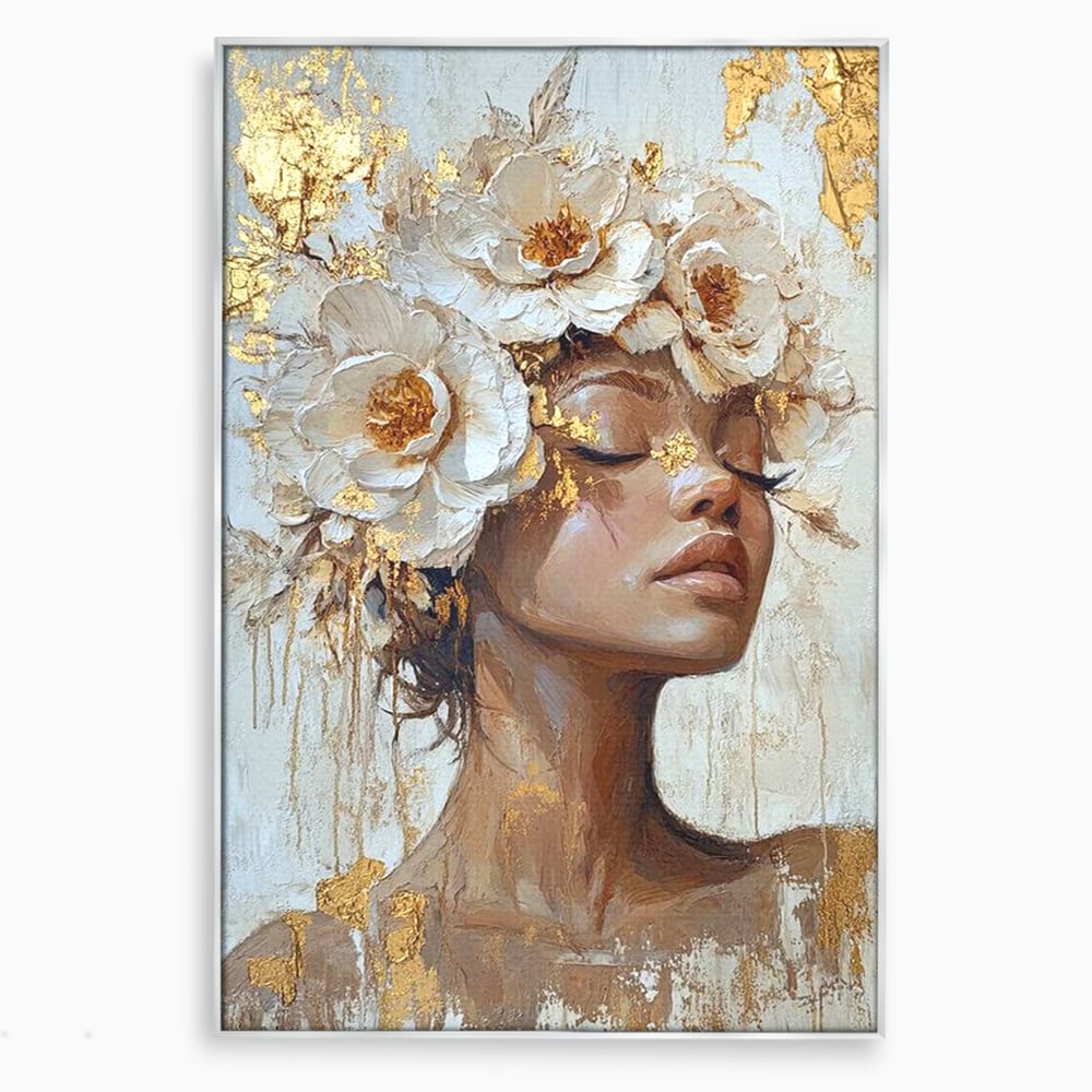 Tablou canvas cu tablou canvas cu portretul unei femei, in rama de aluminiu argintiu