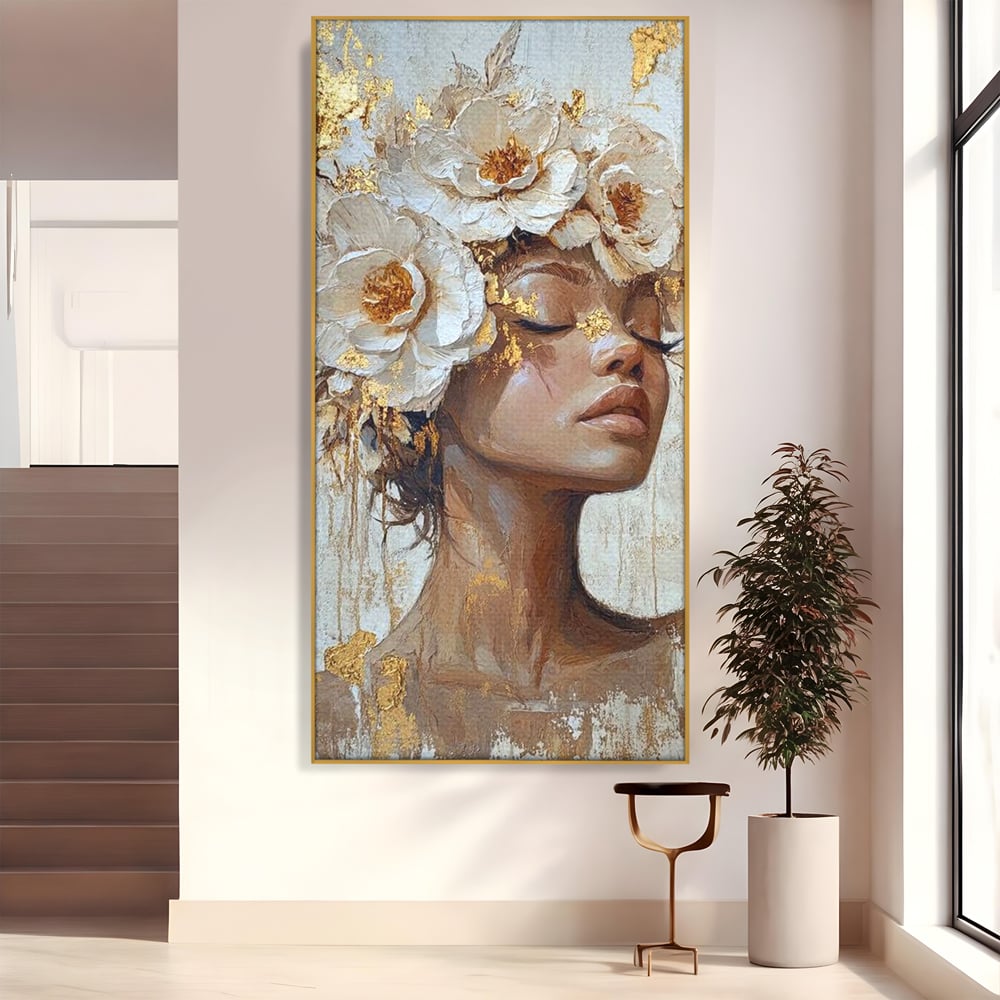 Tablou canvas cu tablou canvas cu portretul unei femei, in rama de aluminiu auriu