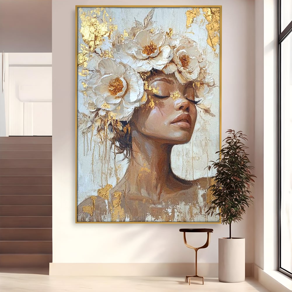Tablou canvas cu tablou canvas cu portretul unei femei, in rama de aluminiu auriu