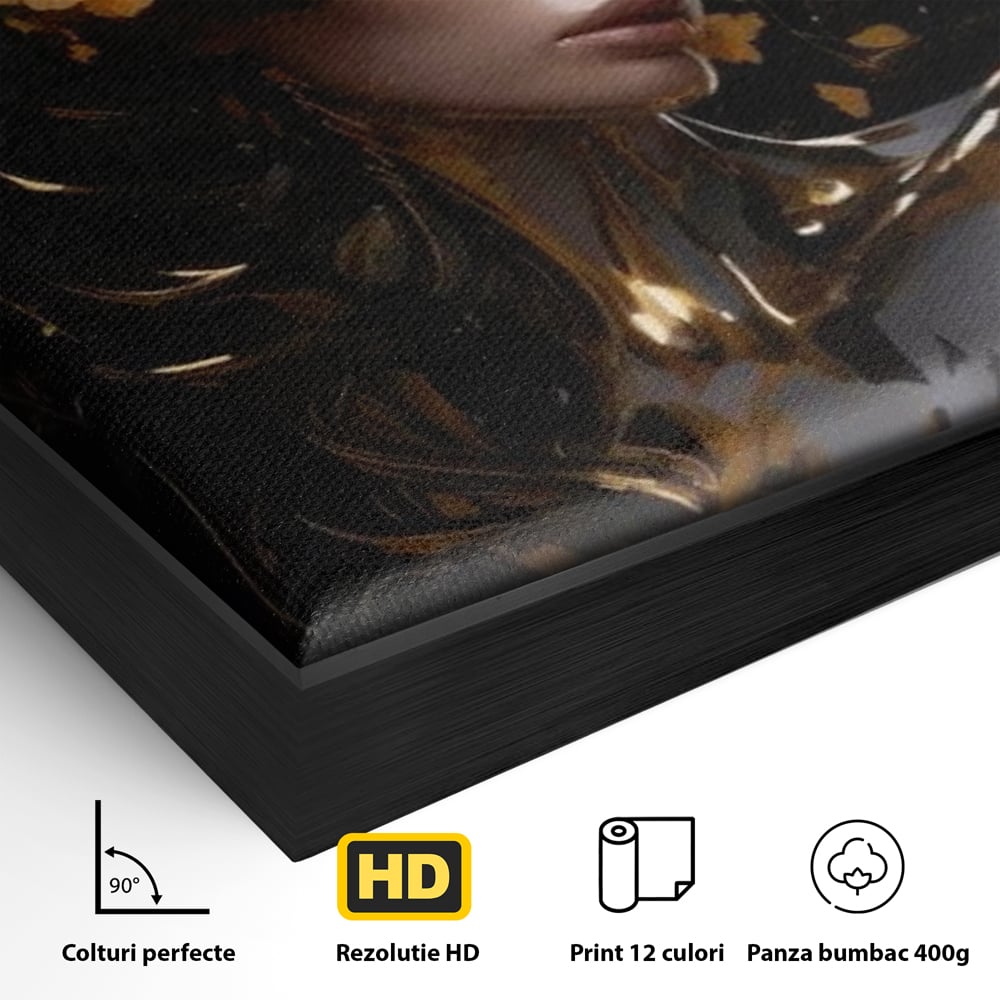 Detaliu al suprafetei: tablou canvas cu portret de femeie aurita, in rama de aluminiu negru