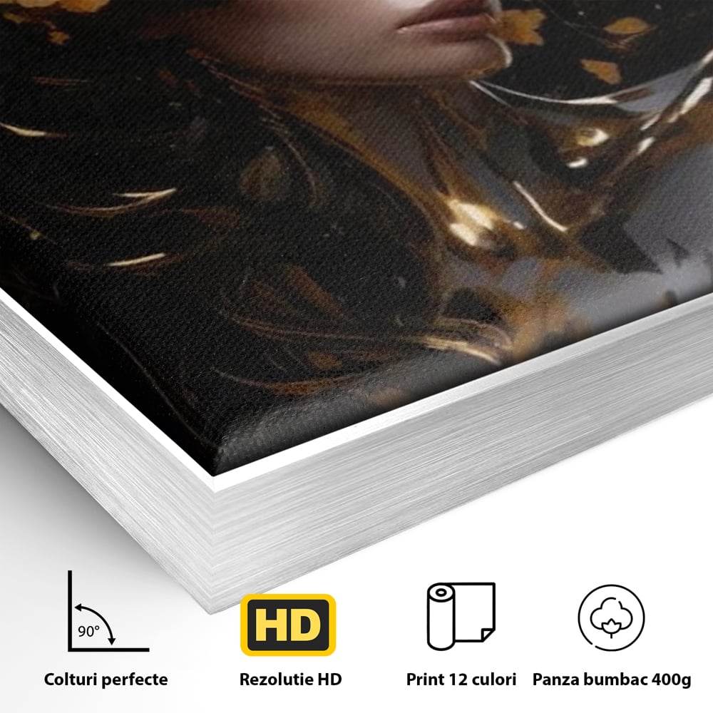 Detaliu al suprafetei: tablou canvas cu portret de femeie aurita, in rama de aluminiu argintiu