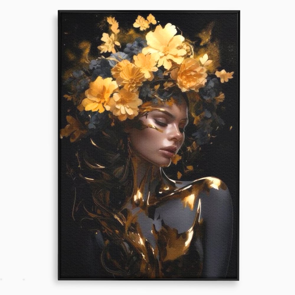 Tablou canvas cu tablou canvas cu portret de femeie aurita, in rama de aluminiu negru