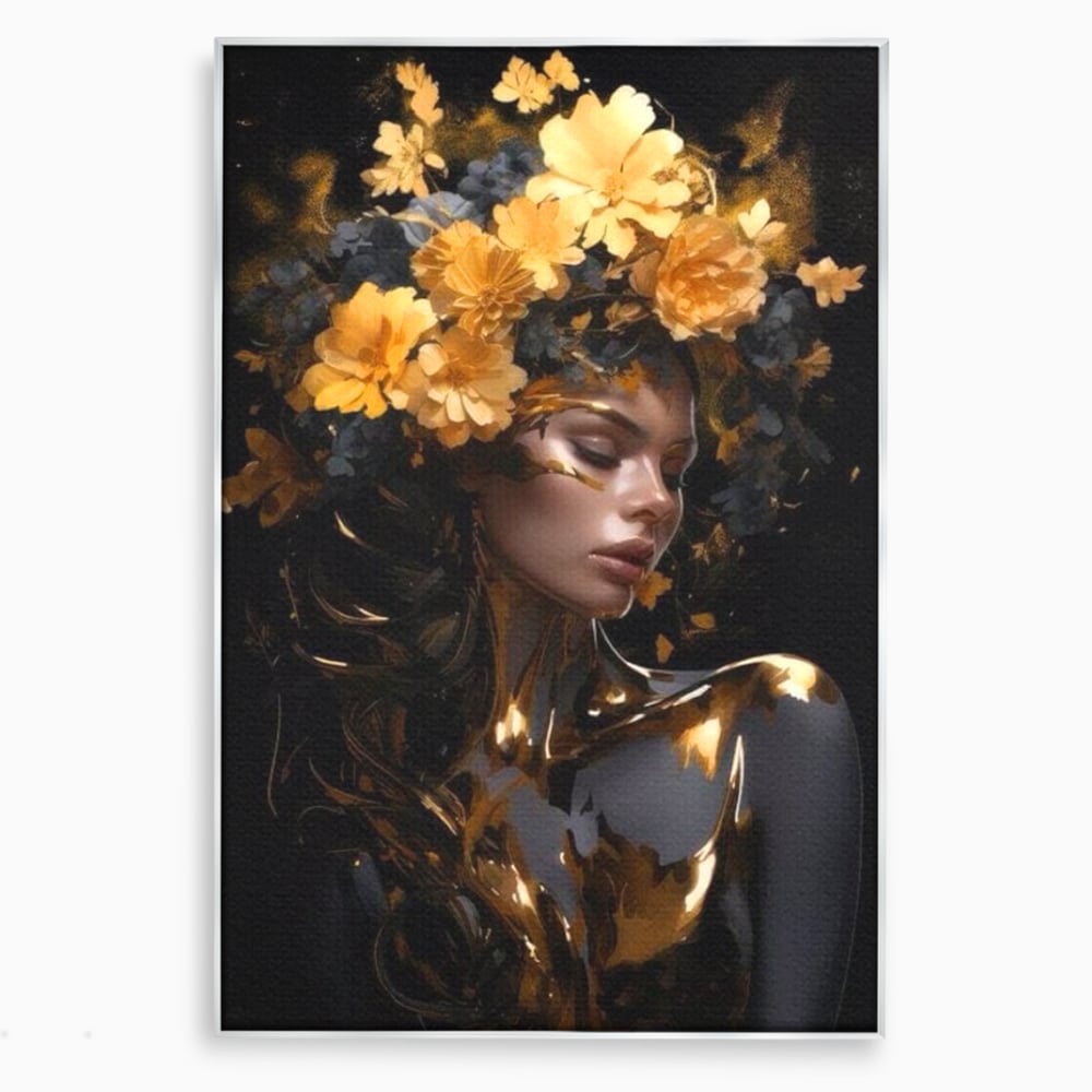 Tablou canvas cu tablou canvas cu portret de femeie aurita, in rama de aluminiu argintiu