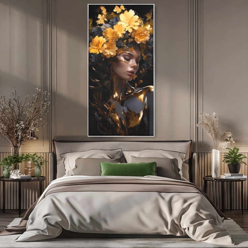 Tablou canvas cu tablou canvas cu portret de femeie aurita, in rama de aluminiu argintiu, pe perete intr-un dormitor