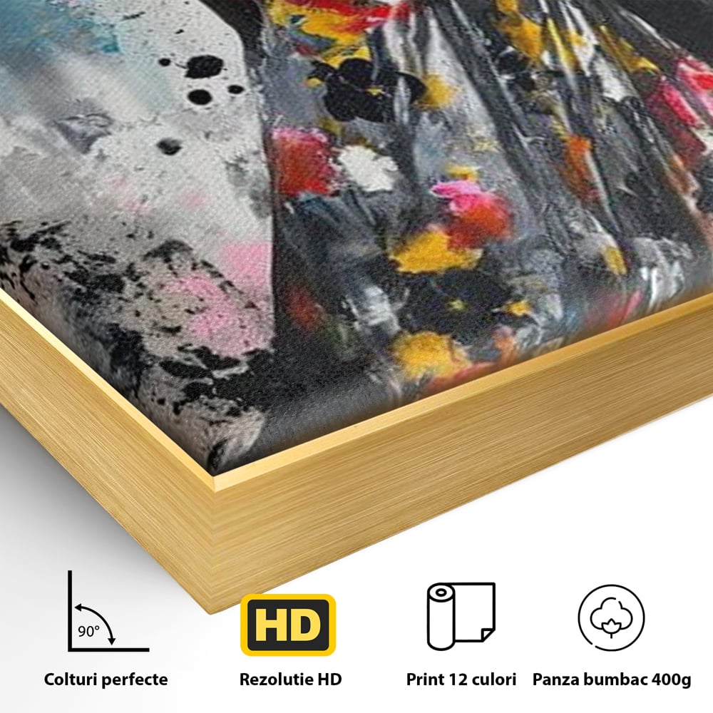 Detaliu al suprafetei: tablou canvas cu portret de femeie, in rama de aluminiu auriu