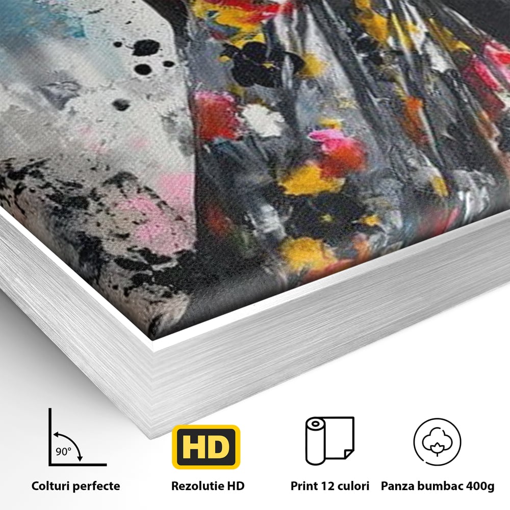 Detaliu al suprafetei: tablou canvas cu portret de femeie, in rama de aluminiu argintiu