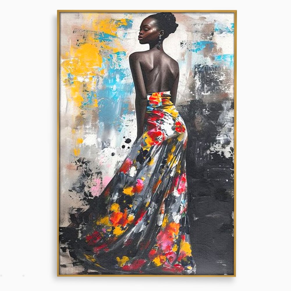Tablou canvas cu tablou canvas cu portret de femeie, in rama de aluminiu auriu