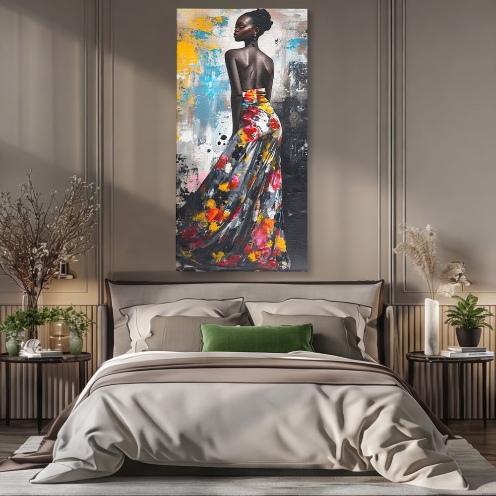 Tablou canvas cu tablou canvas cu portret de femeie, fara rama, pe sasiu de lemn, pe perete intr-un dormitor