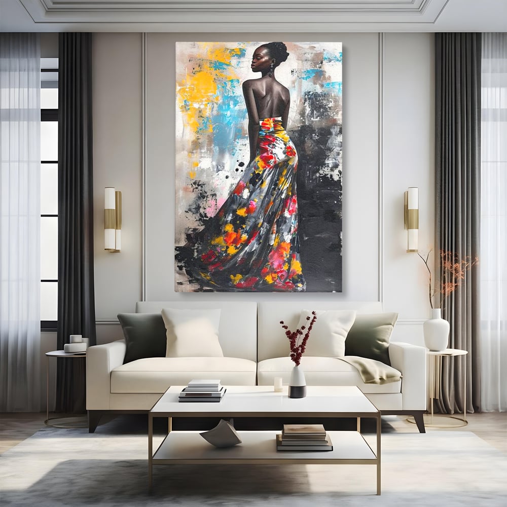 Tablou canvas cu tablou canvas cu portret de femeie, fara rama, pe sasiu de lemn, pe perete intr-un living
