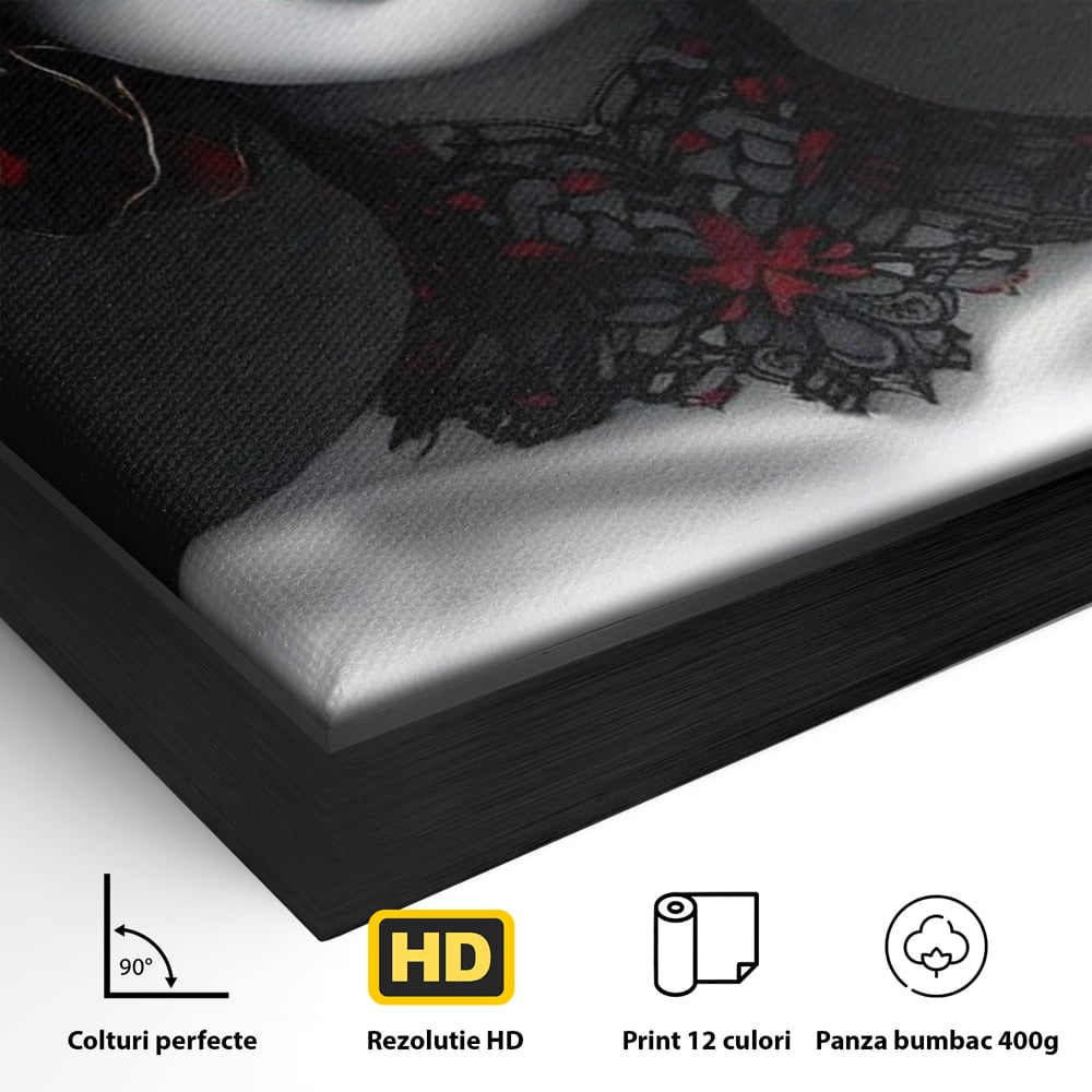 Detaliu al suprafetei: tablou canvas portret feminin gotic, in rama de aluminiu negru