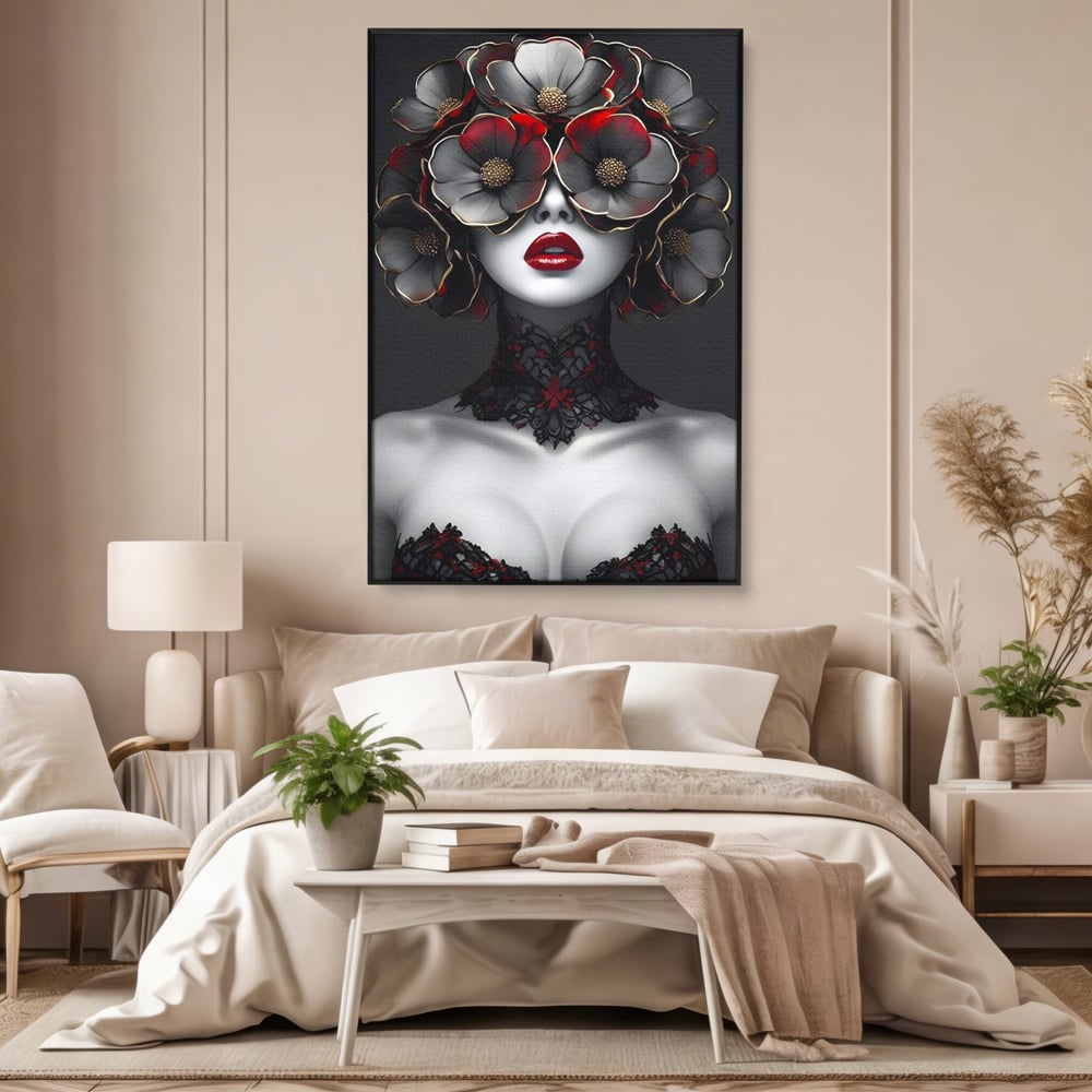 Tablou canvas cu tablou canvas portret feminin gotic, in rama de aluminiu negru, pe perete intr-un dormitor