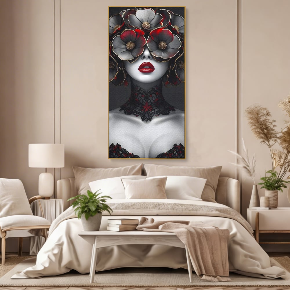 Tablou canvas cu tablou canvas portret feminin gotic, in rama de aluminiu auriu, pe perete intr-un dormitor