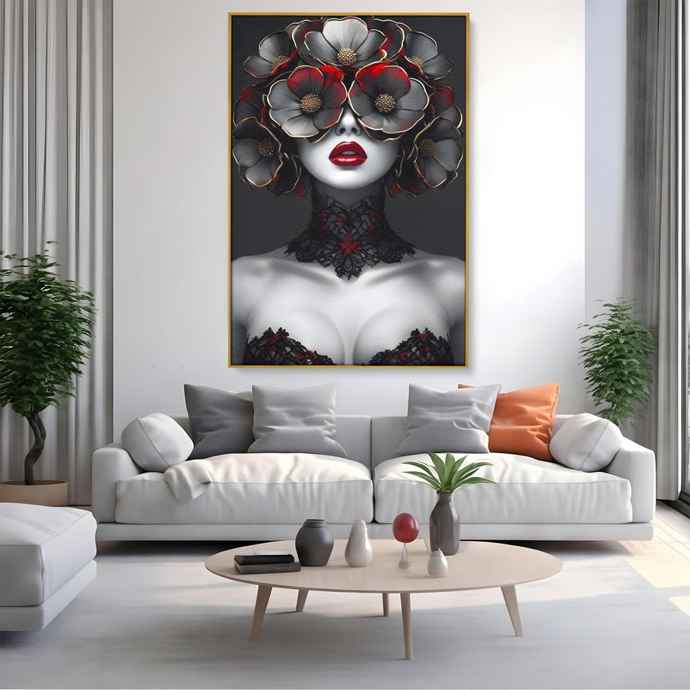 Tablou canvas cu tablou canvas portret feminin gotic, in rama de aluminiu auriu, pe perete intr-un living