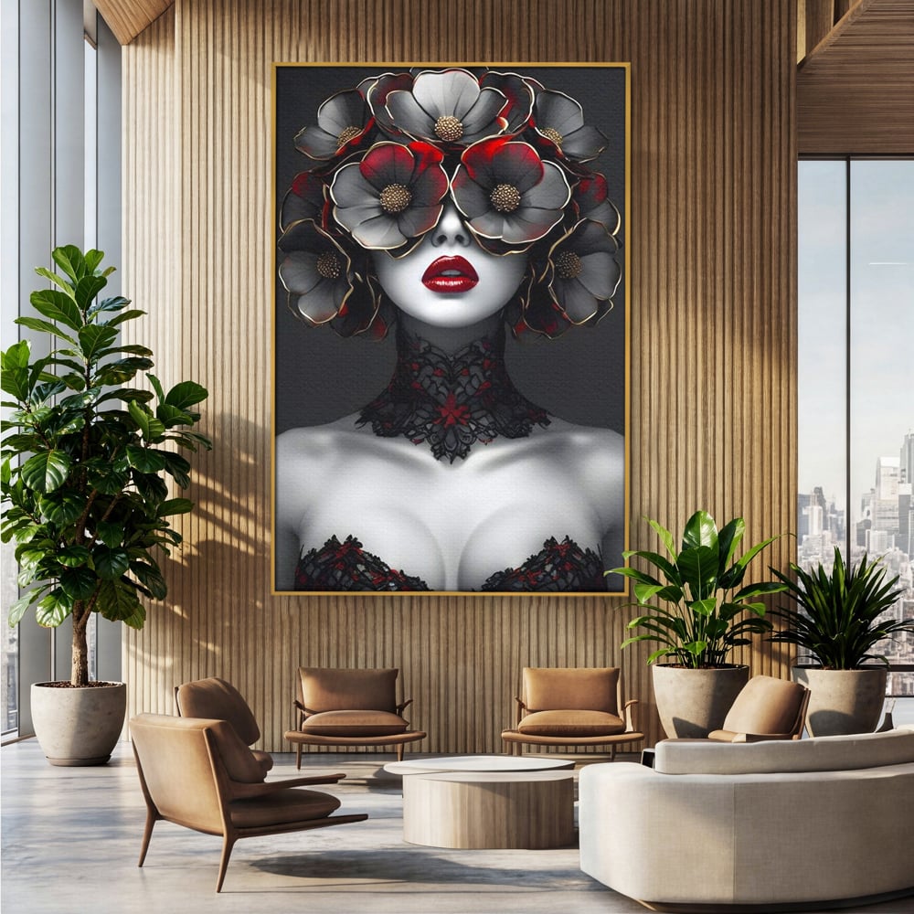 Tablou canvas cu tablou canvas portret feminin gotic, in rama de aluminiu auriu, pe perete intr-un birou
