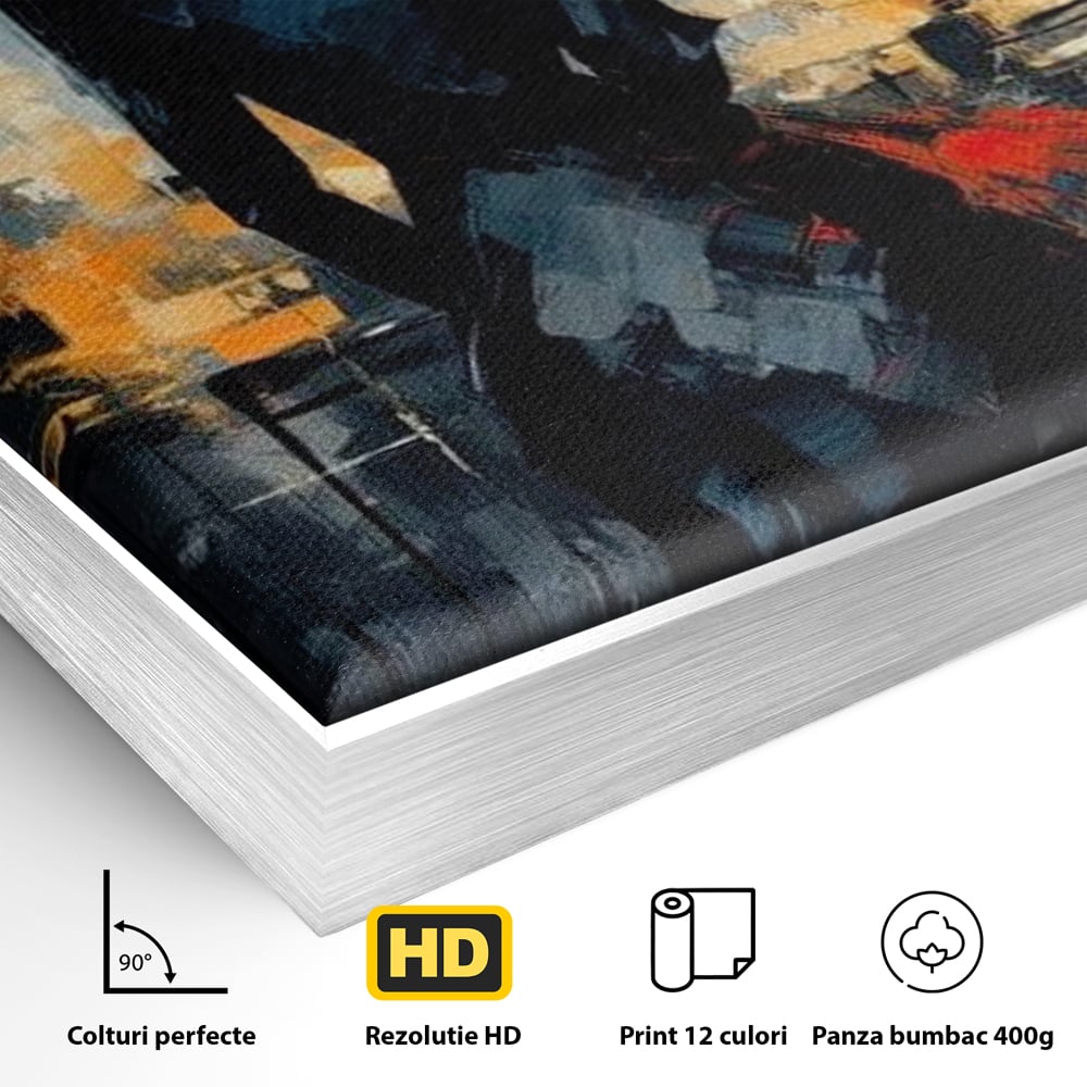 Detaliu al suprafetei: tablou canvas cu femeie in palarie si oras, in rama de aluminiu argintiu