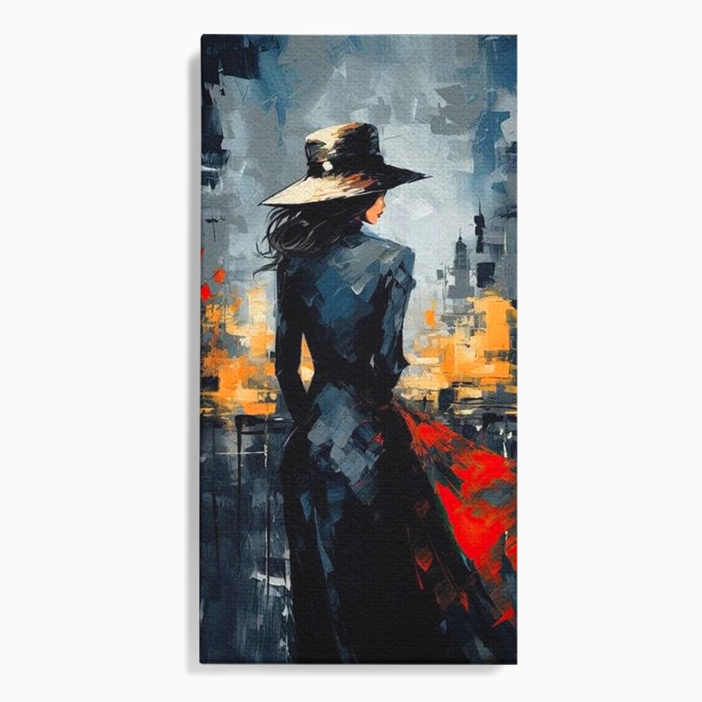 Tablou canvas cu tablou canvas cu femeie in palarie si oras, fara rama, pe sasiu de lemn