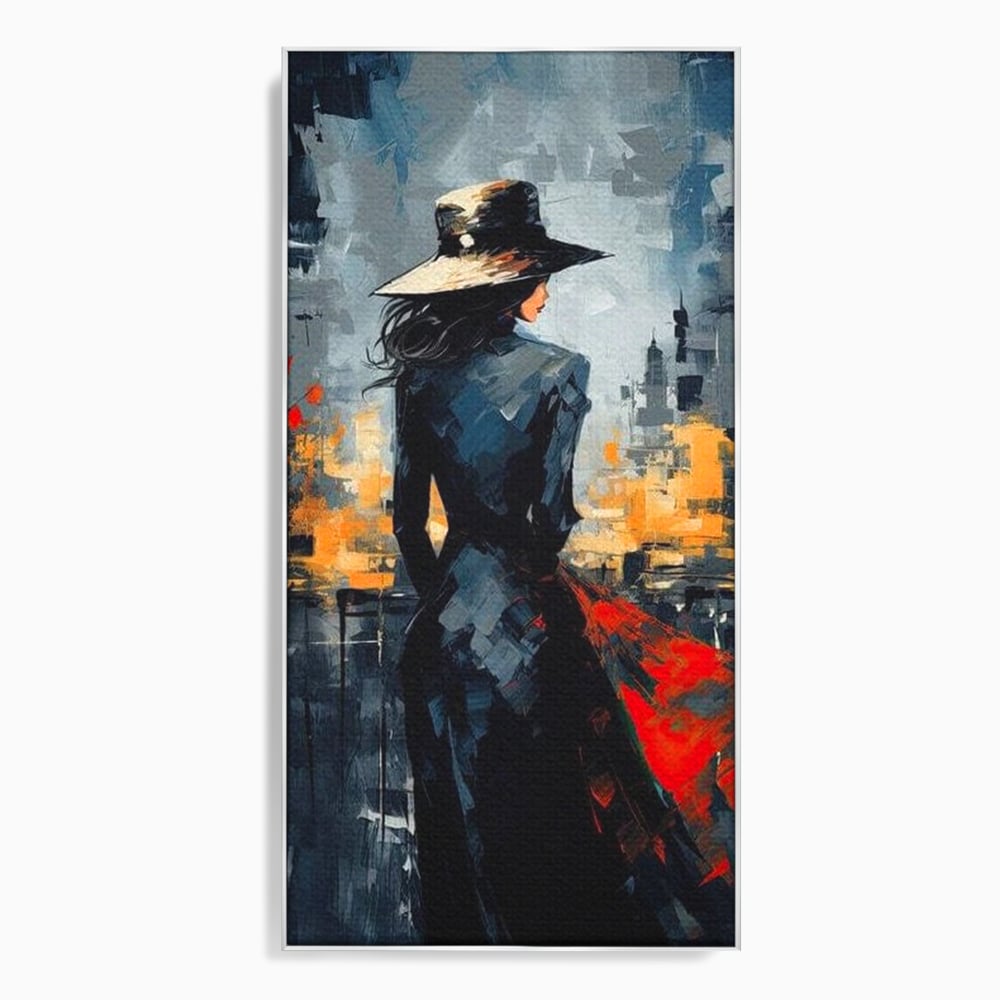 Tablou canvas cu tablou canvas cu femeie in palarie si oras, in rama de aluminiu argintiu