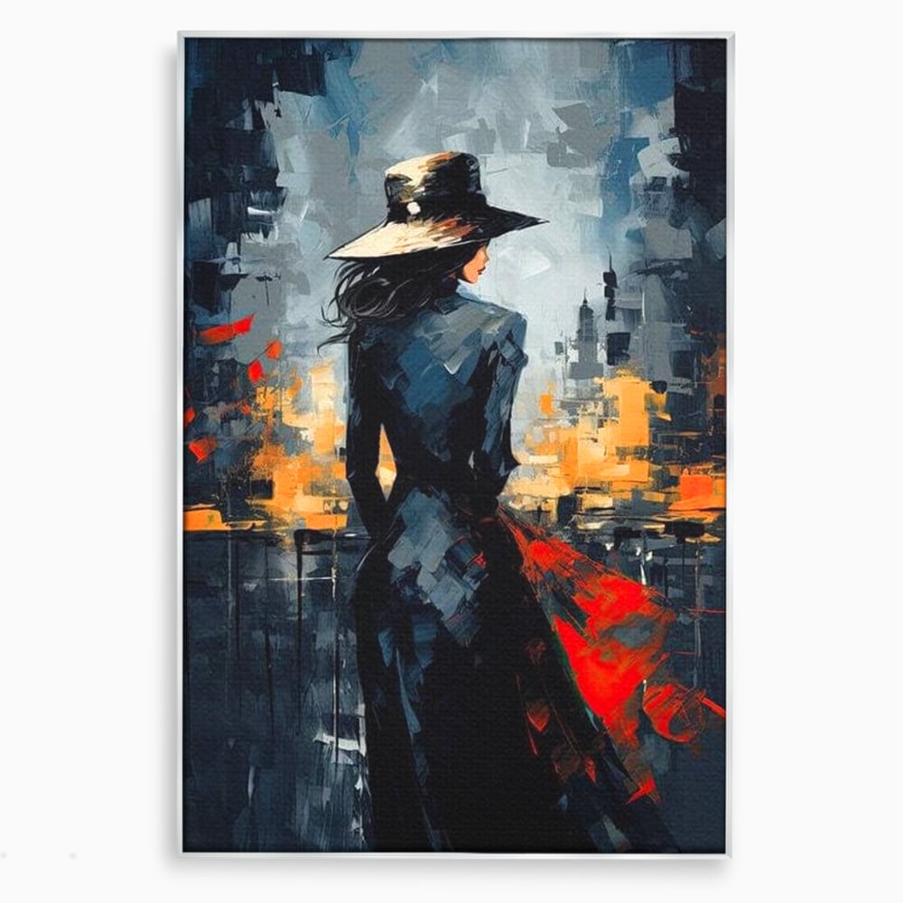 Tablou canvas cu tablou canvas cu femeie in palarie si oras, in rama de aluminiu argintiu