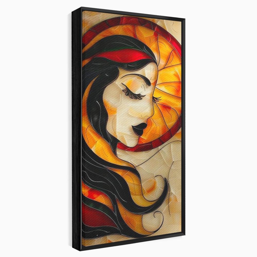 Tablou canvas cu tablou canvas cu profil de femeie stil vitraliu, in rama de aluminiu negru