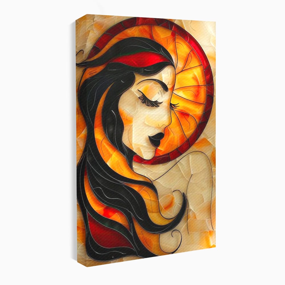 Tablou canvas cu tablou canvas cu profil de femeie stil vitraliu, fara rama, pe sasiu de lemn