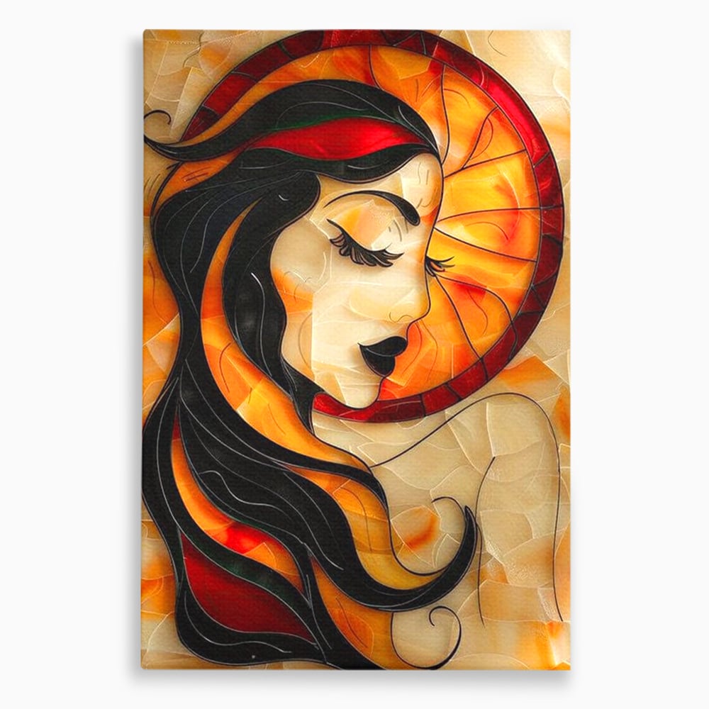 Tablou canvas cu tablou canvas cu profil de femeie stil vitraliu, fara rama, pe sasiu de lemn