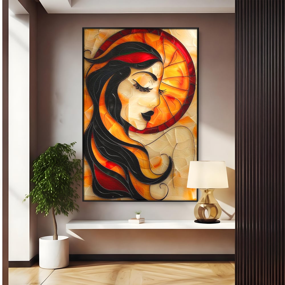 Tablou canvas cu tablou canvas cu profil de femeie stil vitraliu, in rama de aluminiu negru