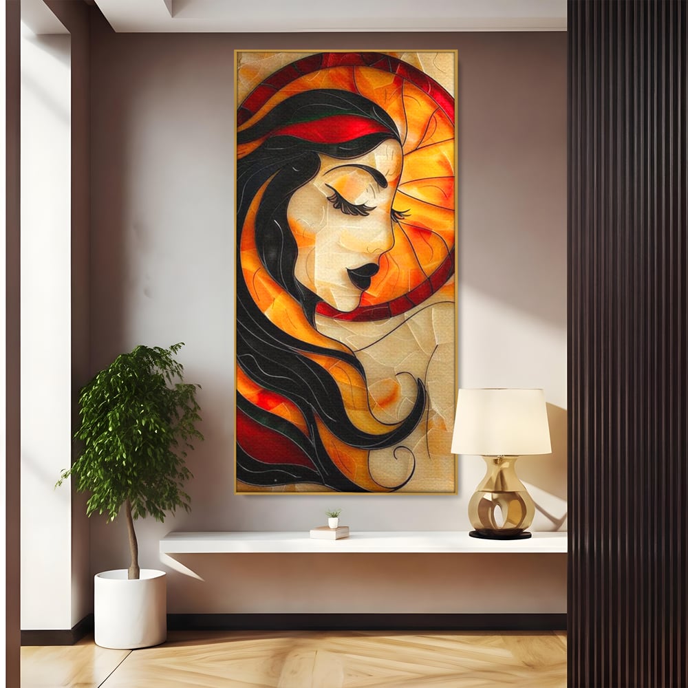 Tablou canvas cu tablou canvas cu profil de femeie stil vitraliu, in rama de aluminiu auriu