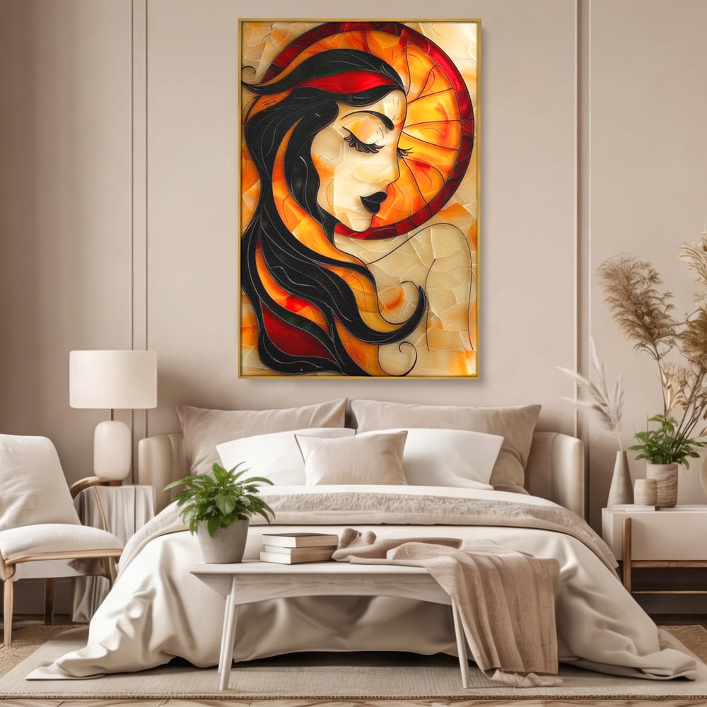 Tablou canvas cu tablou canvas cu profil de femeie stil vitraliu, in rama de aluminiu auriu, pe perete intr-un dormitor