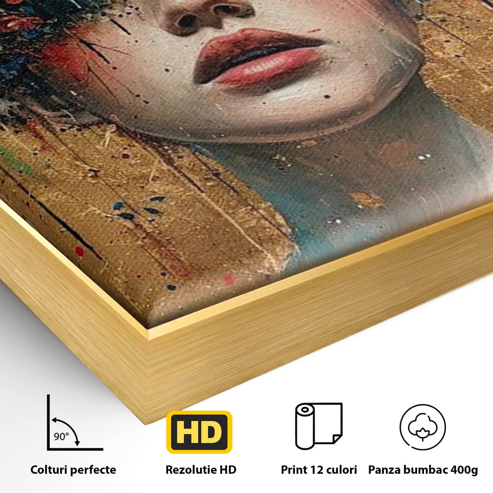 Detaliu al suprafetei: tablou canvas cu portret de femeie si flori, in rama de aluminiu auriu