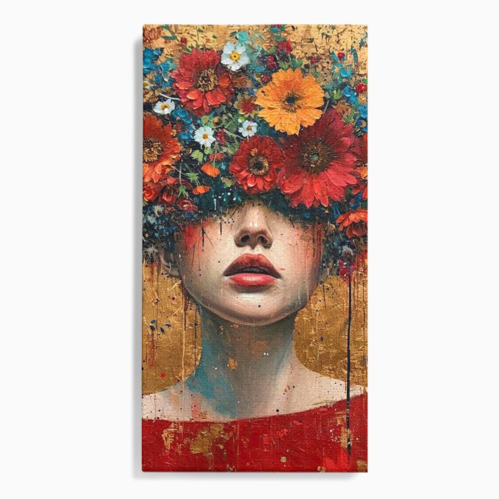 Tablou canvas cu tablou canvas cu portret de femeie si flori, fara rama, pe sasiu de lemn
