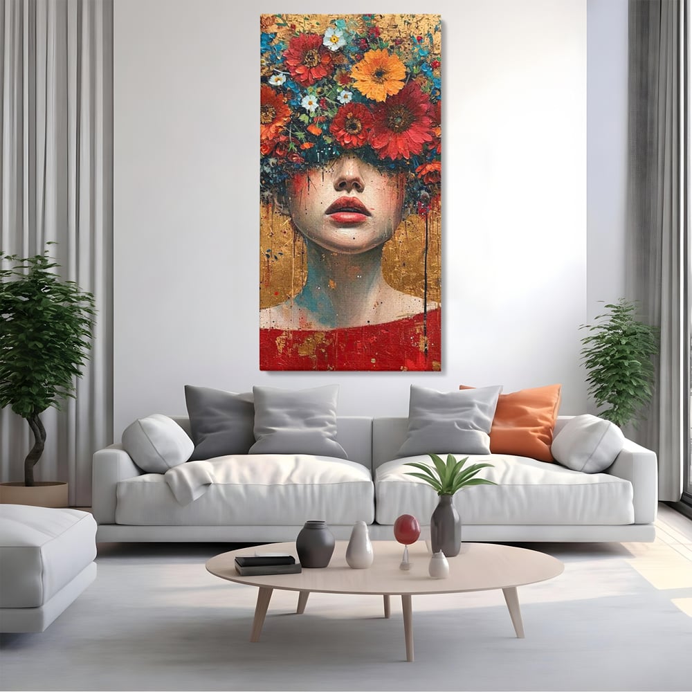 Tablou canvas cu tablou canvas cu portret de femeie si flori, fara rama, pe sasiu de lemn, pe perete intr-un living
