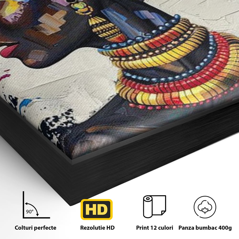 Detaliu al suprafetei: tablou canvas cu regina africana, in rama de aluminiu negru