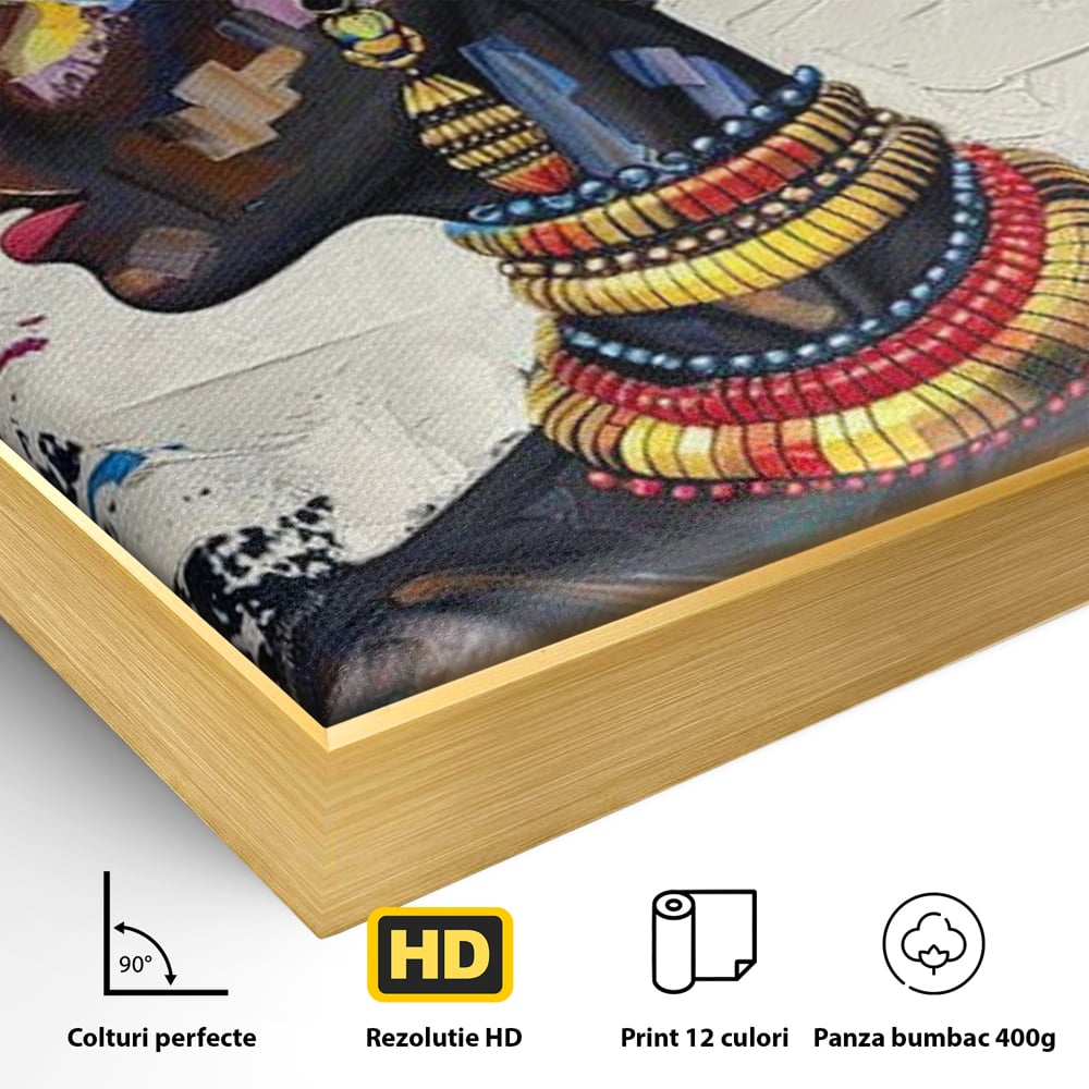 Detaliu al suprafetei: tablou canvas cu regina africana, in rama de aluminiu auriu