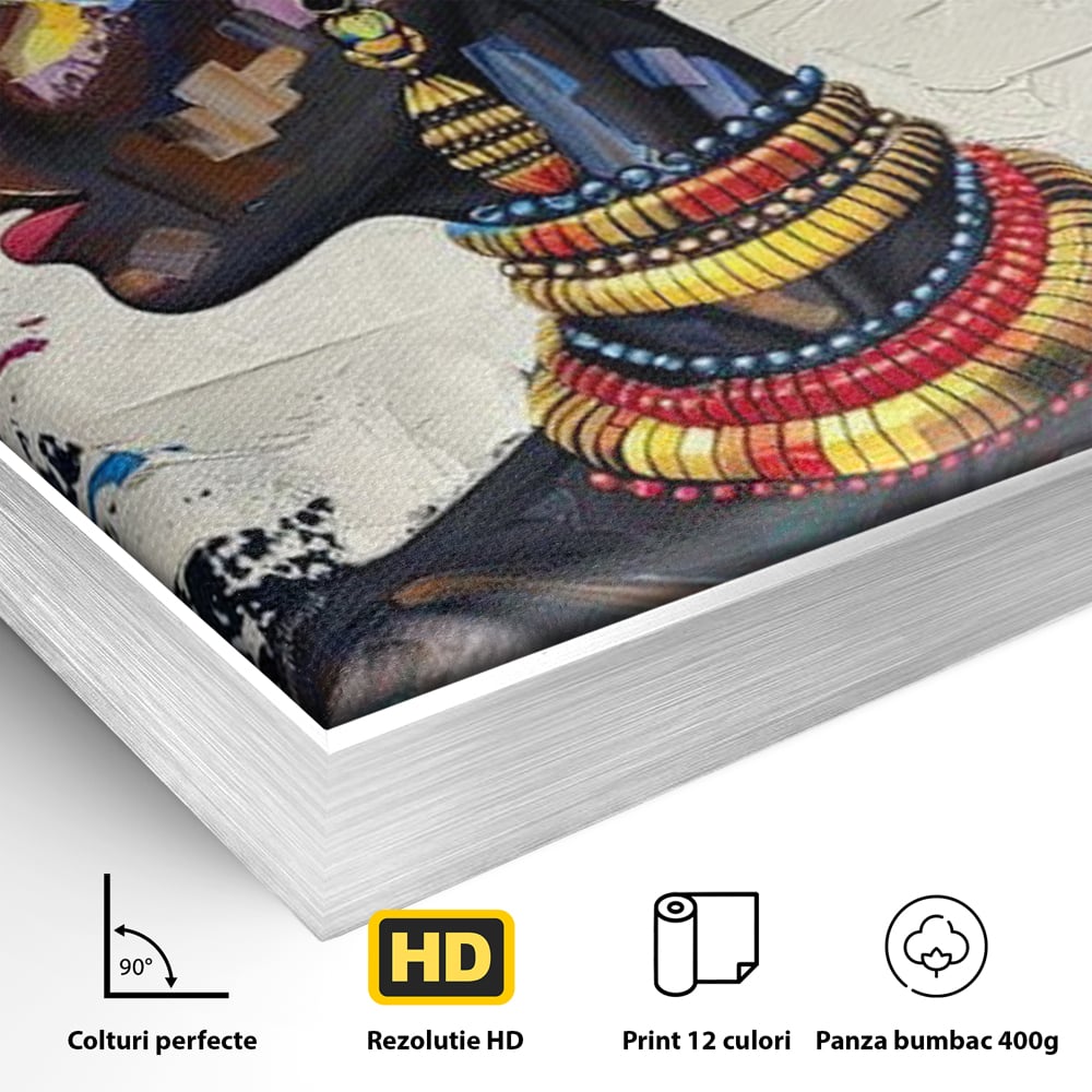 Detaliu al suprafetei: tablou canvas cu regina africana, in rama de aluminiu argintiu
