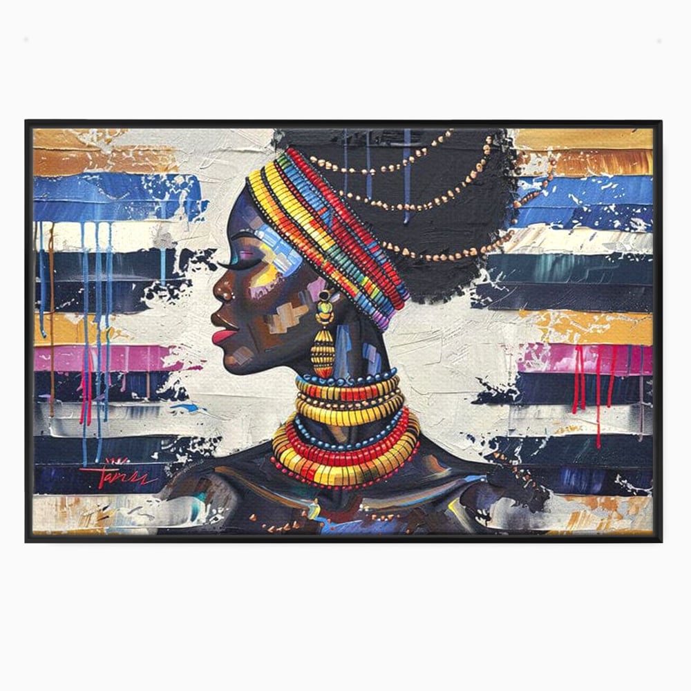 Tablou canvas cu tablou canvas cu regina africana, in rama de aluminiu negru