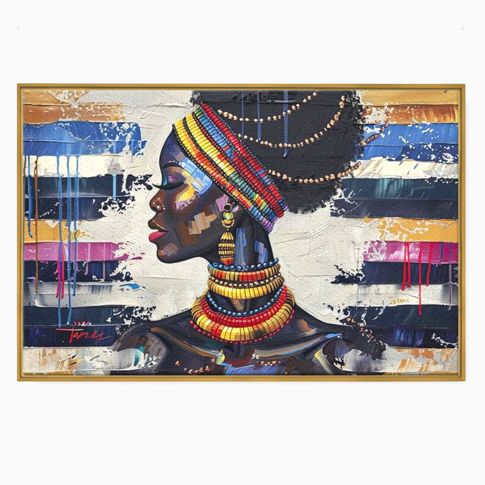 Tablou canvas cu tablou canvas cu regina africana, in rama de aluminiu auriu
