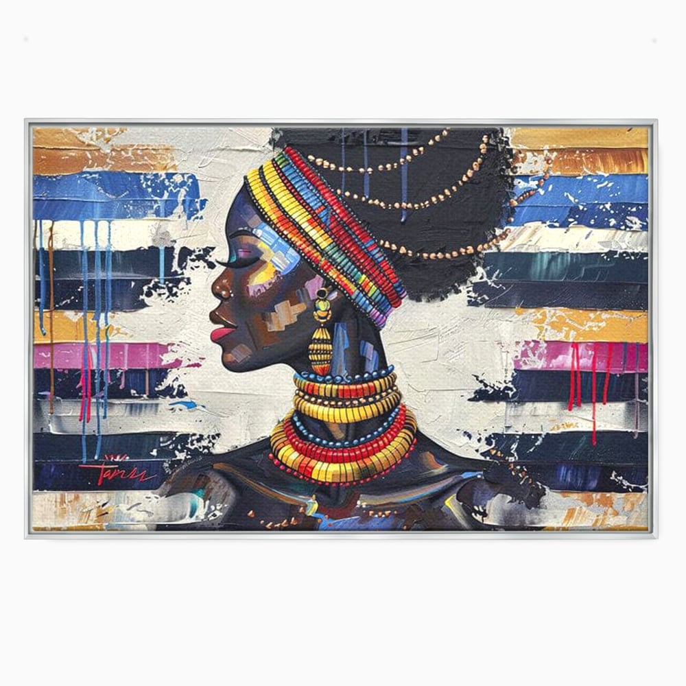 Tablou canvas cu tablou canvas cu regina africana, in rama de aluminiu argintiu
