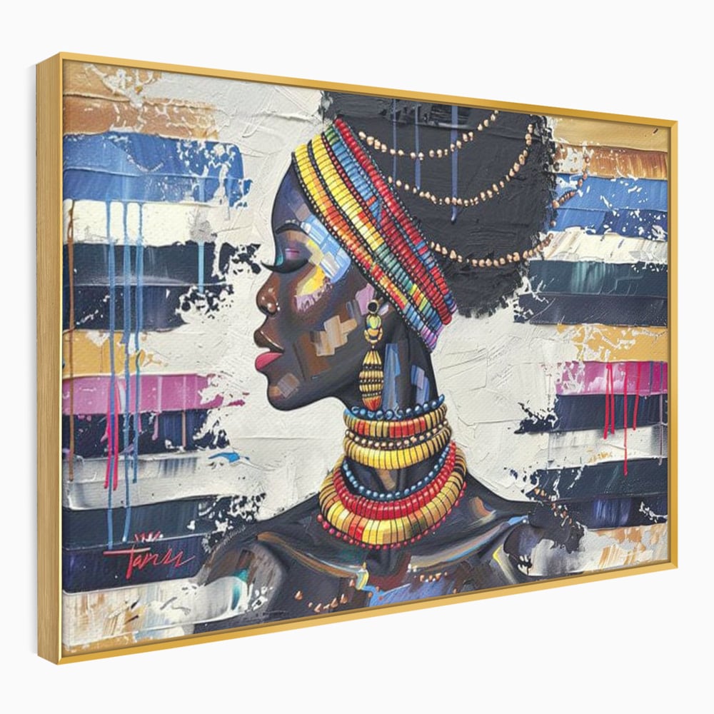 Tablou canvas cu tablou canvas cu regina africana, in rama de aluminiu auriu